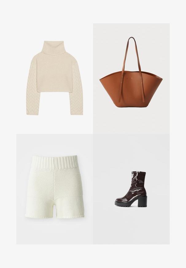 Tejkrémszínű, rövid fazonú pulóver magas nyakkivágással, struktúrált kötött testtel és halszálka mintázatú ujjal. Puha fonalból készült.; Off-white színű kötött rövidnadrág, bordázott derékkal, textúrális kontraszttal a felső és alsó rész között, szegélyezett szélekkel.; Fényes bordó bokacsizma vastag fekete sarokkal, sima felülettel és egyszerű dizájnnal. Nincsenek látható zárak vagy minták.; Barna bőr táska széles, struktúrált formával, vékony fogantyúkkal és texturált felülettel. Minimalista dizájnnal rendelkezik, látható fémrészek nélkül.