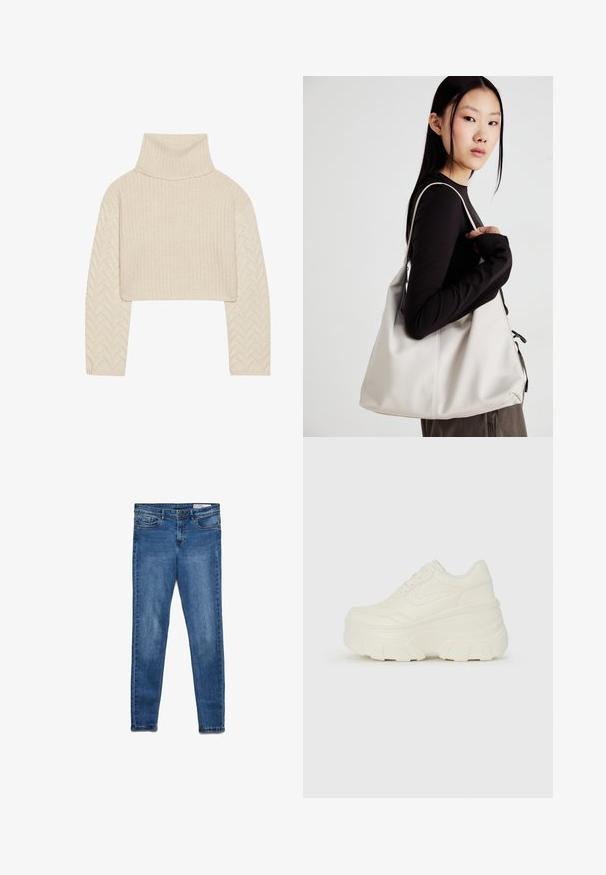 Kremfarget cropped genser med høy hals, teksturert strikket kropp og fiskebensmønstrede ermer. Laget av mykt garnmateriale.; Mørkeblå denimjeans med klassisk smal passform. Har fem lommer, glidelås og subtil falming for tekstur.; Hvite plattformsnickers med en glatt læraktig overdel, avrundet form, polstret krage og teksturert gummisåle med tydelige dekk.; Beige håndveske laget av mykt materiale, med en slapp design, sydd detaljer og to skulderstropper. Passer for daglig bruk.
