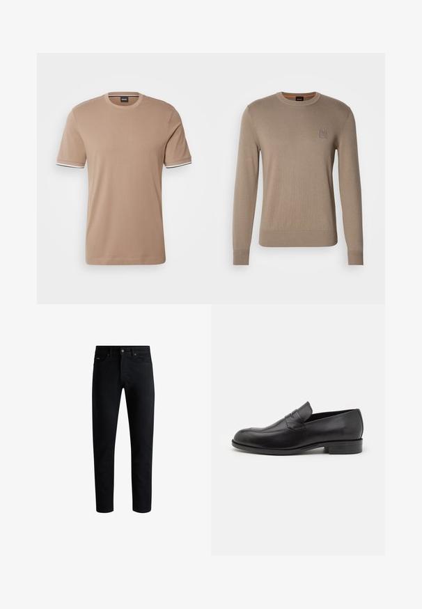 Pánský béžový svetr s kulatým výstřihem a dlouhými rukávy, s ribovanými manžetami a lemem, s malou čtvercovou nášivkou na hrudi.; BOSS THOMPSON - Jednoduché tričko - open beige; Černé slim-fit džíny s pěti kapsami, zapínáním na knoflík a poutek na opasek, vystavené na bílém pozadí.; Černé kožené mokasíny s kulatou špičkou a jemnými švy. Hladký povrch a nízký podpatek s logem na zadní straně.