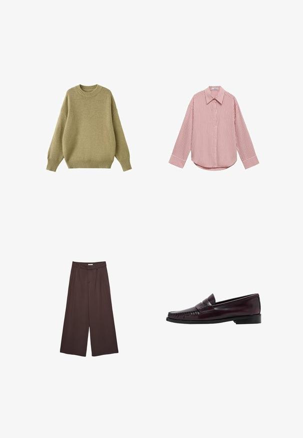 Maglione lavorato a maglia in un colore oliva tenue, con scollatura arrotondata, spalle abbassate e polsini e orlo a costine per una maggiore texture.; Camicia a maniche lunghe di colore rosa chiaro con righe bianche verticali. Presenta un colletto a punta, bottoni frontali e un orlo arrotondato. Tessuto morbido.; Pantaloni ampi marroni realizzati in morbido tessuto, con pieghe in vita e tasche laterali. Silhouette sartoriale con una vestibilità comoda.; Mocassino da uomo in pelle marrone scuro con suola nera e dettaglio di cucitura lungo la punta, mostrato in profilo laterale.