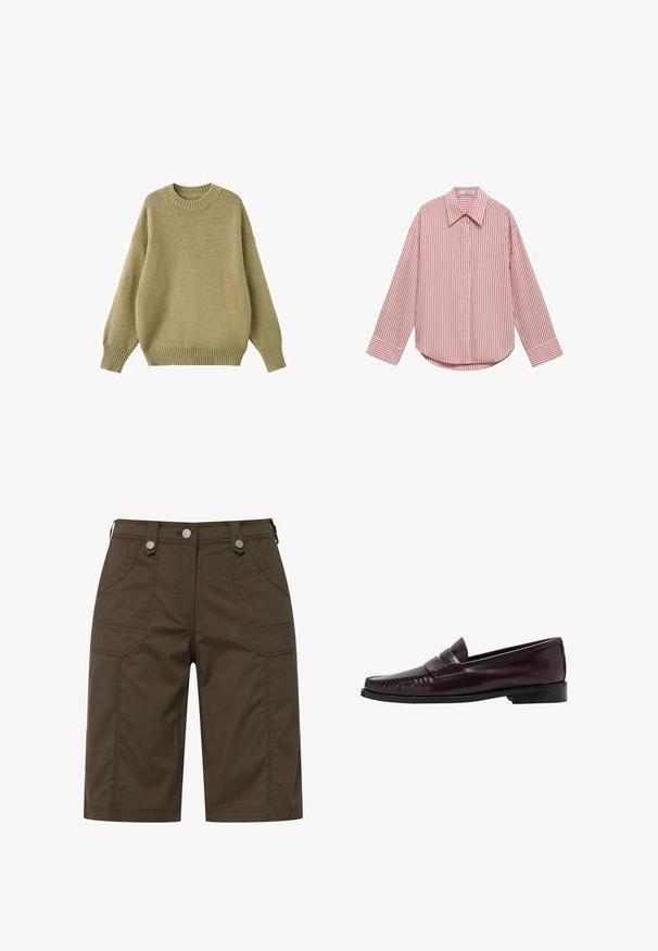 Strickpullover in einem gedämpften Olivton, mit einem runden Ausschnitt, überschnittenen Schultern und gerippten Bündchen sowie Saum für zusätzliche Textur.; Langärmliges Hemd in zartem Rosa mit vertikalen weißen Streifen. Mit spitzem Kragen, Frontknöpfen und abgerundetem Saum. Weicher Stoff.; Braune Stoffshorts mit zwei vorderen und zwei hinteren Taschen, akzentuiert mit silbernem Zubehör am Bund. Gerades Design.; Dunkelbraune Herrenleder-Pennyloafers mit schwarzer Sohle und Steppdetails entlang der Spitze, im Seitenprofil gezeigt.