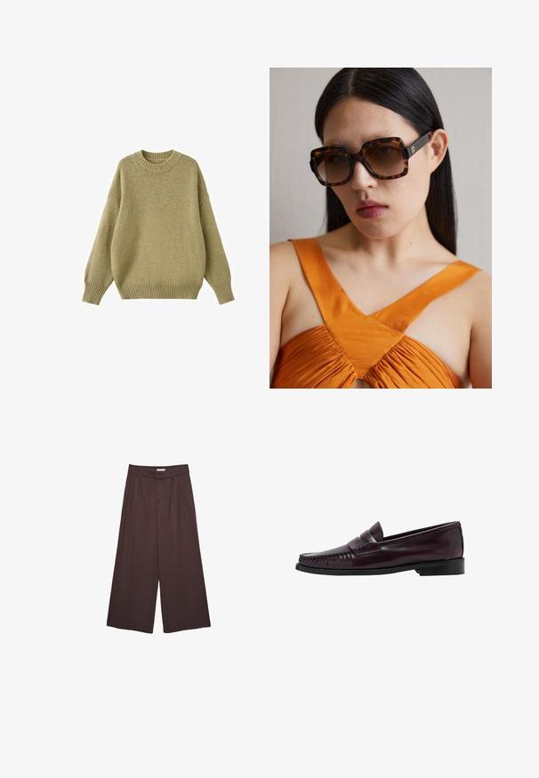 Stickad tröja i en dämpad olivfärg, med rundad halsringning, sänkta axlar och ribbade ärmslut och nederkant för extra textur.; Bruna vida byxor i mjukt tyg, med veck vid midjan och sidofickor. Skräddarsydd silhuett med en bekväm passform.; Mörkbrun läder penny loafer för män med svart sula och sömdetaljer längs tåpartiet, visad i sidoprofil.; Bruna sköldpaddsmönstrade solglasögon i storlek oversized med en bred rektangulär båge och gradientlinser. Guldlogo på sidan.; Mango Shoppingväska - dark brown