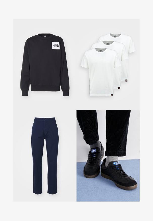 Črna majica s dolgimi rokavi s krožnim izrezom, z ribanim zaključkom na rokavih in robu. Ima bel kvadraten znak z logotipom "THE NORTH FACE" na prsih.; Tri obične bele bombažne majice s kratkimi rokavi. Vsaka majica ima okroglo ovratnico in majhno črno oznako na levi strani.; Alpha Industries PANT - Hlače chino - ultra navy; Črne teniske iz semiša in usnja, z modrim logotipom in rjavim gumijastim podplatom. V kombinaciji z sivimi nogavicami in kordno hlačami.