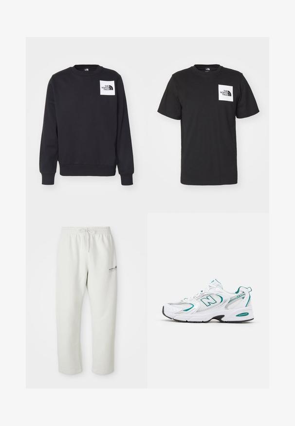 Sweatshirt preto com gola redonda, punhos e barra canelados. Apresenta um emblema quadrado branco com o logótipo "THE NORTH FACE" no peito.; T-shirt preta de algodão com mangas curtas, decote redondo, e um logótipo quadrado branco no peito com o texto "The North Face" e um design curvado.; Calças de fato cinza claro feitas de um tecido suave, apresentando um cós elástico com cordão e um pequeno detalhe de logótipo na coxa esquerda.; Sapatilha atlética branca com painéis de malha e sintético, accents em turquesa, ponta arredondada, frente com atacadores e sola de borracha preta.
