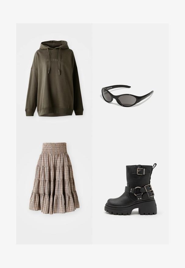 Mørk olivenfarget hettegenser laget av myk bomullsmiks, med en frontlomme, snorhette og preget logo på brystet.; Lagdelt, strikket skjørt i et beige og brunt rutemønster. Har en utvidet silhuett og strukturert stoff.; Svart lær ankelstøvel med en kraftig såle, spenne- og reimdetaljer, samt en teksturert finish. Har en pull-tab for enkel påkledning.; Sorte solbriller med oval form og mørke linser. Elegant plastikkramme med teksturerte detaljer på armene. Merkevare på siden.