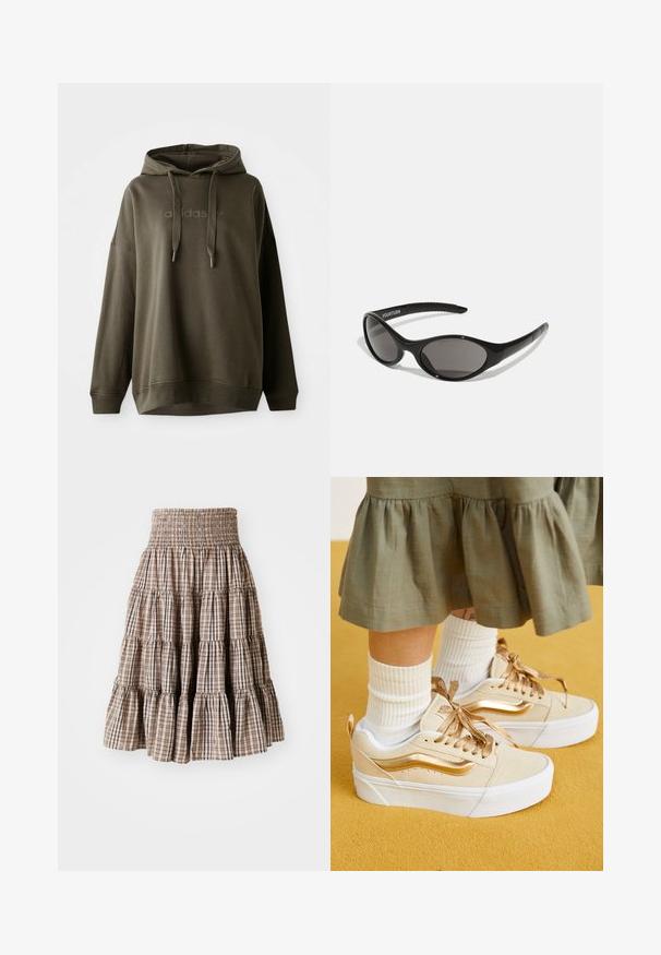 Dunkelolivgrüner Hoodie aus weichem Baumwollmix, mit einer vorderen Kängurutasche, einem Kordelzug-Kapuzen und einem geprägten Logo auf der Brust.; Gestufter, geraffter Rock in einem beigen und braunen Karomuster. Verfügt über eine ausgestellte Silhouette und ein texturiertes Material.; Vans KNU STACK - Skateschuh - high shine gold; Schwarze Sonnenbrille mit ovaler Form und dunklen Gläsern. Schlanker Kunststoffrahmen mit strukturierten Akzenten an den Bügeln. Branding an der Seite.