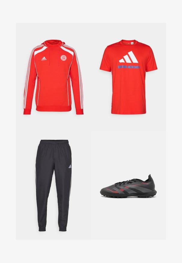 Crvena dukserica s kapuljačom s bijelim akcentima i tri bijele pruge duž rukava. Ima logo FC Bayerna München i kapuljaču s vezicama.; Crvena pamučna majica kratkih rukava s bijelim logotipom s tri pruge i natpisom "BAYERN MÜNCHEN" u plavoj boji. Okrugli izrez i kratki rukavi, jednostavan dizajn.; Crne sportske hlače s elastičnom gumicom u struku, s bijelim prugama uz bokove i malim logotipom na kuku. Glatka tekstura.; Crne nogometne kopačke s crvenim naglascima, teksturirani sintetički gornji dio, vezanje i gumeni kramponi za prianjanje. Ovaj model se odlikuje elegantnim, aerodinamičnim dizajnom.