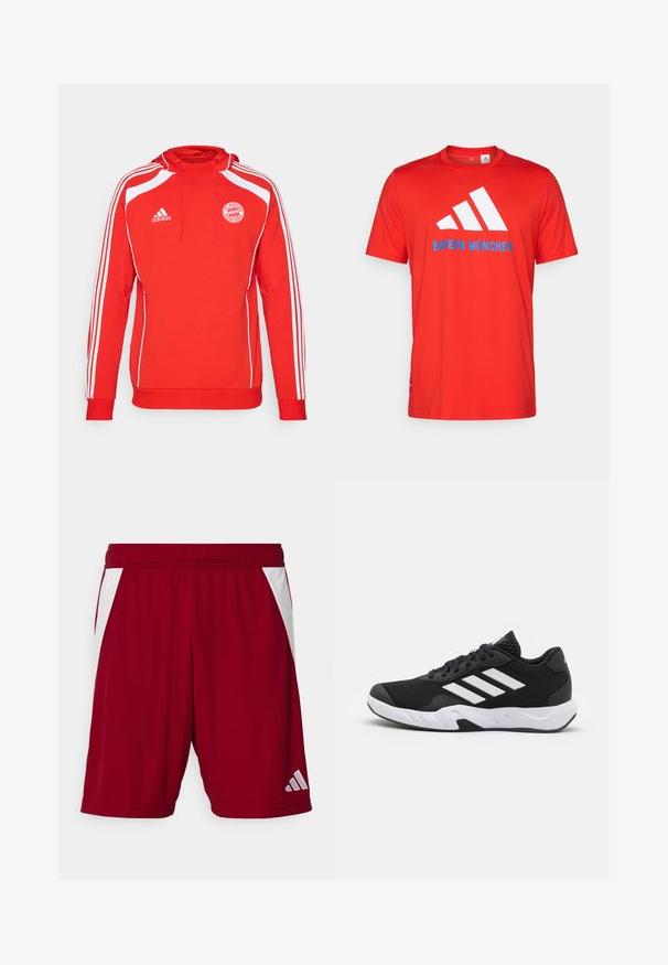 Červená mikina s kapucňou a bielymi akcentmi, troch bielych pruhov pozdĺž rukávov. Obsahuje logo FC Bayern München a šnúrku na kapucni.; Červené bavlnené tričko s bielym logom s tromi pruhmi a textom "BAYERN MÜNCHEN" v modrej farbe. Okrúhly výstrih a krátke rukávy, jednoduchý dizajn.; Červené športové šortky s hladkou textúrou, bielymi bočnými akcentmi, elastickým pásom a reflexným logom značky na dolnom pravom rohu.; Čierne športové topánky s textúrovaným sieťovinovým zvrškom, bielymi akcentovými pruhmi, polstrovanou podrážkou a spevneným pätou pre podporu.