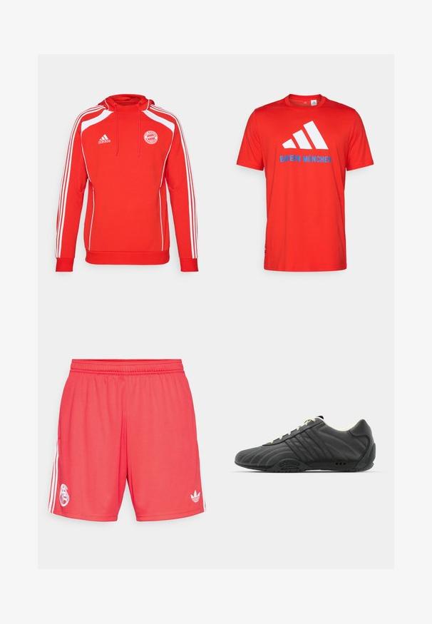 Rdeča kapuca s puloverjem z belimi detajli in tremi belimi črtami ob rokavih. Vsebuje logo FC Bayern München in kapuco s vrvico.; Rdeča bombažna majica z belim logotipom s tremi črtami in napisom "BAYERN MÜNCHEN" v modri barvi. Okrogla ovratnika in kratkimi rokavi, preprost dizajn.; Rdeče atletske kratke hlače iz lahkega materiala, z belim logotipom na levi nogi in tremi belimi šivi ob straneh.; adidas Originals ADIRACER UNISEX - Športni copati - core black/cream white