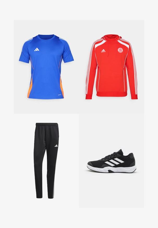 Punainen huppari, jossa on valkoisia yksityiskohtia ja kolme valkoista raitaa hihoissa. Sisältää FC Bayern Münchenin logon ja nyörihuppu.; adidas Performance TIRO24 JERSEY - Tekninen t-paita - lucid blue/white/app solar red; Mustat urheiluhousut, joissa on joustava vyötärö, valkoiset sivuraidat ja pieni valkoinen logo reidessä. Valmistettu sileästä, kevyestä materiaalista.; Mustat urheilukengät, joissa on teksturoitu verkkomateriaali yläosassa, valkoiset korostusraidat, pehmustettu pohja ja vahvistettu kanta tuen vuoksi.