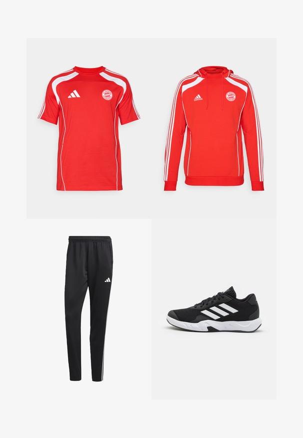 Punane kapuutsiga sviiter valgete detailidega ja kolme valge triibuga varrukatel. Omab FC Bayern Müncheni logo ja nööriga kapuutsi.; Punane lühikeste varrukatega särk, mis on valmistatud kergest kangast, valgete detailidega, ümmarguse kaelusega ning FC Bayern Müncheni logo ees.; Mustad mustri värvi spordipüksid venitatava vööõhuga, valged külgtriibud ja väike valge logo reie peal. Valmistatud siledast, kergest materjalist.; Mustad mustosportlikud jalanõud, millel on tekstuuriga võrkpealne, valged aksenttriibud, pehme tallaga ja tugevdatud konts toe jaoks.