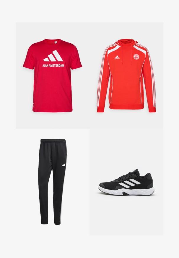 Sweat à capuche rouge avec des accents blancs et trois rayures blanches le long des manches. Présente le logo du FC Bayern München et une capuche avec cordon.; T-shirt en coton rouge présentant un logo Adidas blanc et le texte "AJAX AMSTERDAM". Manches courtes, col rond, coupe standard.; Pantalons de sport noirs avec une ceinture élastique, rayures latérales blanches et un petit logo blanc sur la cuisse. Fabriqués dans un matériau lisse et léger.; Baskets de sport noires avec une tige en mesh texturé, des rayures blanches, une semelle rembourrée et un talon renforcé pour le soutien.