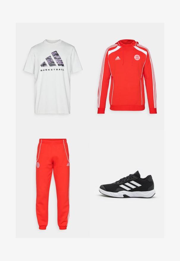 Hanorac roșu cu glugă, cu accente albe și trei dungi albe pe mâneci. Prezintă logo-ul FC Bayern München și glugă cu șnur.; Tricou alb din bumbac, cu mâneci scurte, având un imprimeu grafic violet și negru cu trei dungi și cuvântul "BASKETBALL."; Pantaloni de trening roșii cu talie elastică, dungi albe pe laterale și detalii cu logo pe șold și pe partea inferioară a piciorului. Fabricat dintr-un material moale, cu manșete ribbate.; Pantofi sport negri cu un material din plasă texturată, benzi albe de accent, o talpă cushioned și un călcâi întărit pentru suport.