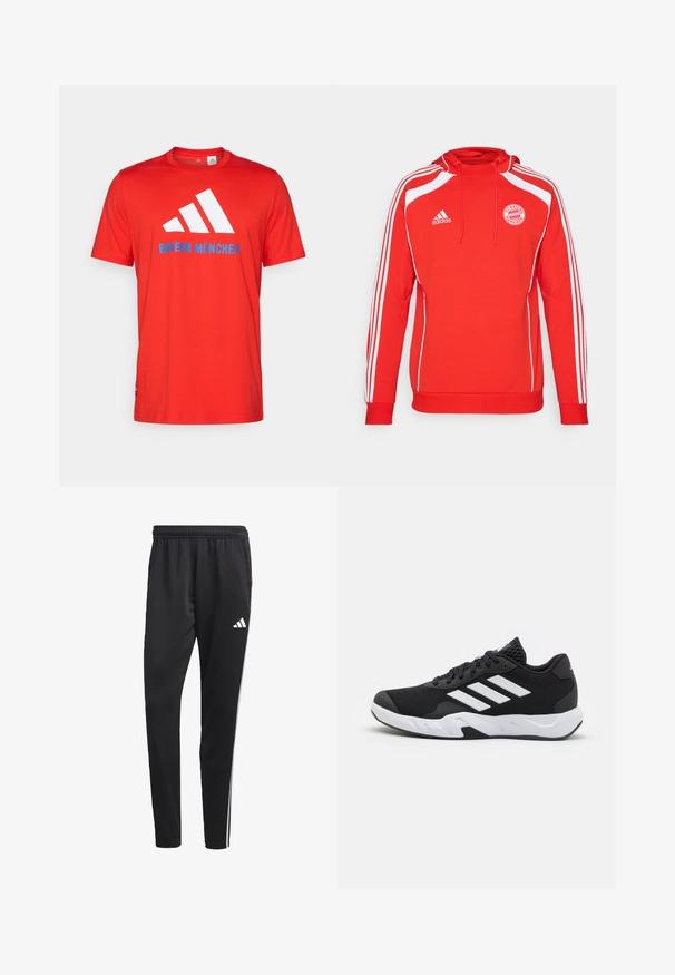 Felpa con cappuccio rossa con dettagli bianchi e tre strisce bianche lungo le maniche. Presenta il logo del FC Bayern München e un cappuccio con coulisse.; T-shirt in cotone rosso con logo bianco a tre strisce e "BAYERN MÜNCHEN" in blu. Collo rotondo e maniche corte, design semplice.; Pantaloni sportivi neri con una cintura elastica, strisce laterali bianche e un piccolo logo bianco sulla coscia. Realizzati in un materiale liscio e leggero.; Scarpe da ginnastica nere con una tomaia in mesh texturizzata, strisce bianche di accento, suola imbottita e tallone rinforzato per supporto.