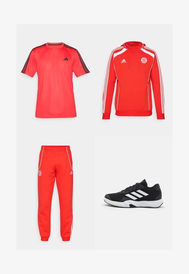 Rød hettegenser med hvite aksenter og tre hvite striper langs ermene. Har FC Bayern München-logo og snøring i hetten.; adidas Performance TRAIN ESSENTIALS BASE 3-STRIPES - T-skjorte til trening - pure ruby/black; Røde joggebukser med elastisk midjebånd, hvite sidebånd og logo detaljert på hoften og nedre ben. Laget av myk stoff med ribbede mansjetter.; Sorte joggesko med teksturert mesh-overdel, hvite aksentstriper, en polstret såle og en forsterket hæl for støtte.