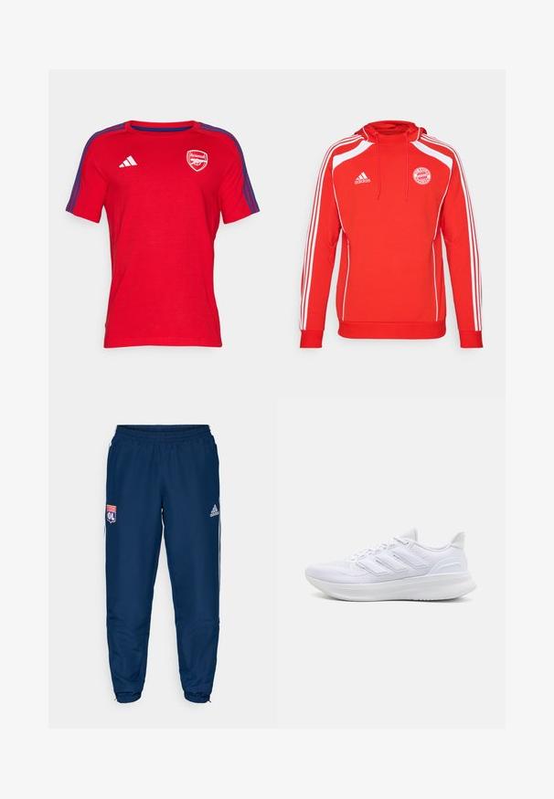 Sweat à capuche rouge avec des accents blancs et trois rayures blanches le long des manches. Présente le logo du FC Bayern München et une capuche avec cordon.; T-shirt rouge à manches courtes en tissu coton, avec un col rond, des rayures bleues aux épaules et un logo d'Arsenal sur la poitrine.; Pantalons de sport bleus avec une taille élastique, présentant des rayures blanches sur les côtés et le logo de l'Olympique Lyonnais sur la cuisse gauche.; Chaussures de sport blanches avec un dessus en mesh texturé, une semelle rembourrée et un design à trois bandes sur le côté.