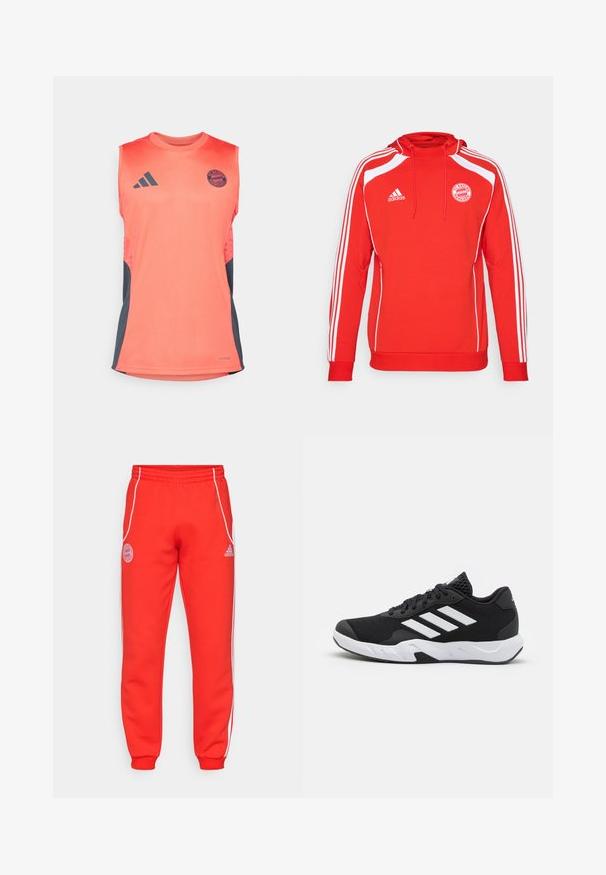 Sarkans kapucejams krekls ar baltām akcentiem un trim baltām svītrām gar piedurknēm. Satur FC Bayern München logo un aukliņu kapucē.; Koralīgas bezpiedurkņu sporta krekls ar tumši pelēkiem sānu paneļiem. Uzraksts Adidas un FC Bayern Munich emblēma. Izgatavots no vieglas auduma.; Sarkani sporta bikses ar elastīgu jostasvietu, baltām sānu svītrām un logotipa detaļām uz gurniem un apakšējām kājām. Izgatavotas no mīkstas auduma ar ribotām aprocēm.; Melnas sporta kurpes ar teksturētu acu augšdaļu, baltām akcentu svītrām, mīkstu zoli un pastiprinātu papēdi atbalstam.