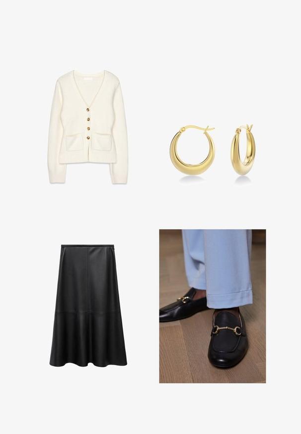 White knitted cardigan with a v-neck, five brown buttons, two front pockets, and ribbed cuffs. Soft texture, casual design.; Black leather skirt, A-line shape, knee-length, smooth texture, seam details, flared hem, and invisible back zipper closure.; Black leather loafers featuring a gold horsebit accent, paired with light blue trousers, on a wooden floor surface.; Gold hoop earrings with a smooth, reflective surface. Curved design features a hinged clasp for secure wearing.