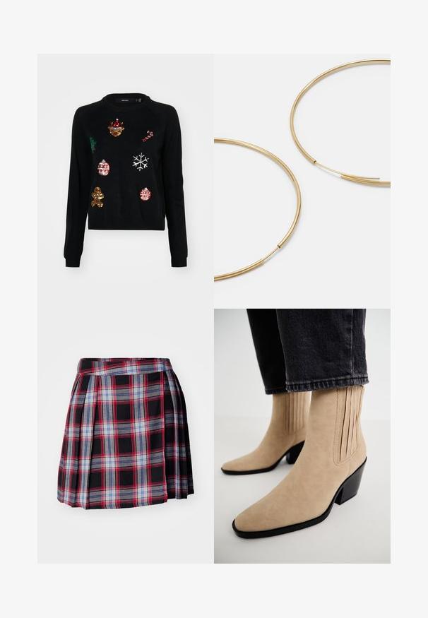 Pull noir à col rond, orné de sequins représentant des icônes de Noël : un arbre, des décorations, un bonhomme en pain d'épice et des flocons de neige.; Jupe à carreaux noirs avec des motifs de carreaux rouges, bleus et gris, dotée de plis et d'une taille plate pour un ajustement structuré. Texture de tissu douce.; ONLY SHOES ONLBROOKE-2 - Bottines à talons hauts - beige; Boucles d'oreilles en forme de créole dorées, fines et rondes, avec une finition métallique lisse et sans embellissements ni motifs.