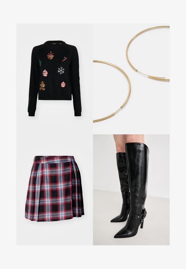 Melnas džemperis ar apaļu kaklu, kurā ir dekoratīvi izšuvumi Ziemassvētku simboli: koks, rotājumi, piparkūkas un sniegpārsliņas.; Melna svītraina svārku, kas veidota ar sarkaniem, ziliem un pelēkiem pārbaudījumiem, ar krokām un plakanu jostu strukturētai formai. Mīksts auduma tekstūra.; Steve Madden RIVARLY - Zābaki - black; Zelta krāsas auskari gredzena formā, plāni un apaļi, ar gludu metāla apdari un bez rotājumiem vai zīmējumiem.