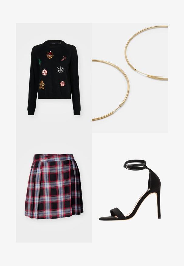 Zwarte trui met een ronde hals, versierd met pailletten van kersticonen: een boom, versieringen, peperkoek en sneeuwvlokken.; Zwarte geruite rok met rode, blauwe en grijze checks, met plooien en een platte tailleband voor een gestructureerde pasvorm. Zachte stoftextuur.; Zwarte suède high-heeled sandalen met een eenvoudig bandontwerp, open teen, en enkelband met een zilveren gesp.; Gouden oorringen, dun en rond van vorm, met een gladde metallic afwerking en zonder versieringen of patronen.