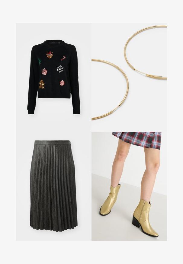 Melnas džemperis ar apaļu kaklu, kurā ir dekoratīvi izšuvumi Ziemassvētku simboli: koks, rotājumi, piparkūkas un sniegpārsliņas.; Melna plīša svārku, kas izgatavoti no teksturēta auduma, ar rakstainu dizainu un vienkrāsainu jostu, ar vidēju garumu.; Zeltaini metāliski potīšu zābaki ar norādītām pirkstiem, ar rāvējslēdzēju un blokveida papēdi. Gluda tekstūra ar izšuvumu akcentiem un klasisku formu.; Zelta krāsas auskari gredzena formā, plāni un apaļi, ar gludu metāla apdari un bez rotājumiem vai zīmējumiem.