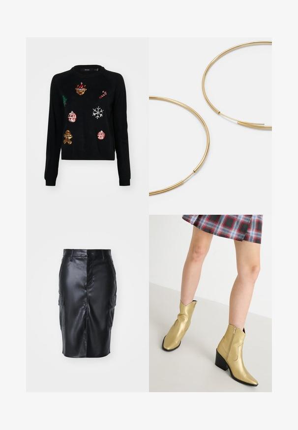 Must mustra ümmarguse kaelusega, millel on sädelevad jõuluikoonide kaunistused: jõulupuu, kaunistused, piparkook ja lumehelbed.; Must pärisnahast pehme tekstuuriga keskmise pikkusega must seelik, millel on ees nuppudega kinnitamine ja kaks külje cargo taskut.; Kuldne metallist säärebootsid terava ninaga, tõmblukk ja plokknukk. Sile tekstuur, millel on tikitud detailid ja klassikaline kuju.; Kulla värvi nõelad, õhukesed ja ümmargused, millel on sile metallist pind ja ilma kaunistuste või mustriteta.