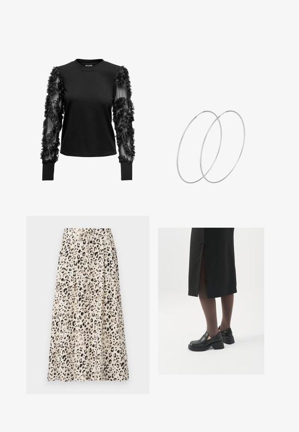 Top negro de manga larga con un cuerpo ajustado y suave, y mangas transparentes adornadas con volantes de tela, creando un acento texturizado cerca de los puños.; Falda midi con plisados en una tela ligera que presenta una base beige con estampado de leopardo negro y cintura con cordón ajustable.; Zapatos de piel negra con punta redondeada, tacón grueso y bloque, y acentos elásticos en los laterales, combinados con unos pantys oscuros y una falda negra con una abertura.; Pendientes de aro plateados con un diseño minimalista. Forma circular, textura suave y perfil delgado. Livianos con un acabado pulido.