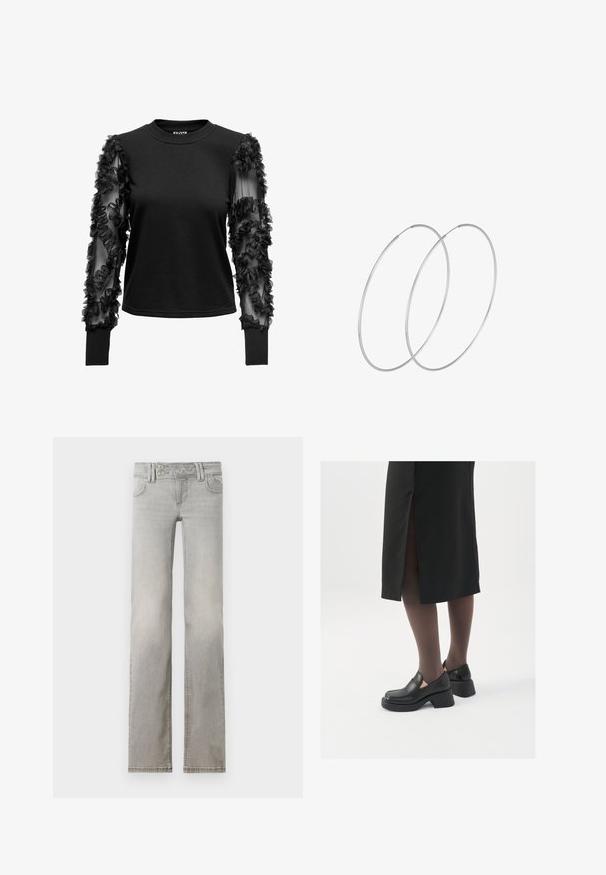 Schwarzes Langarmoberteil mit einem weichen, figurbetonten Körper und durchsichtigen Ärmeln, die mit Stoffrüschen verziert sind und einen strukturierten Akzent in der Nähe der Bündchen schaffen.; Hellgraue Jeans mit geradem Schnitt, hergestellt aus Denim. Verfügt über zwei vordere Taschen, einen Hosenbund mit zwei Knöpfen und sichtbaren Nähten.; Schwarze Lederschuhe mit abgerundetem Zeh, dicker Blockabsatz und elastischen seitlichen Akzenten, kombiniert mit dunklen Strumpfhosen und einem schwarzen Rock mit Schlitz.; Silberne Creolen mit minimalistischem Design. Rundform, glatte Oberfläche und dünnes Profil. Leichtgewichtig mit hochglänzender Oberfläche.