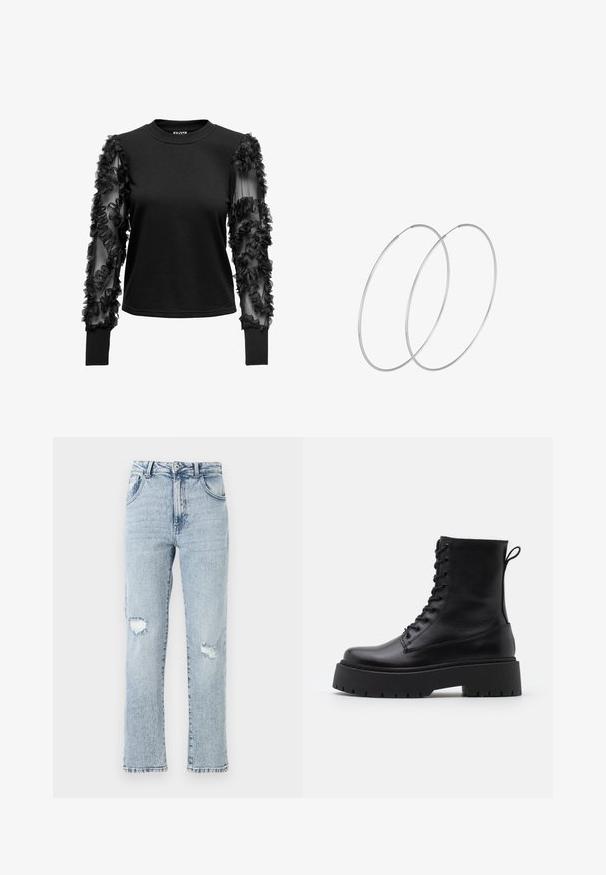 Crni dugi rukav majica s mekim, prilagođenim tijelom i prozirnim rukavima ukrašenim tkanim naborima, koji stvaraju teksturirani naglasak pored manžetni.; Svijetloplave traperice s opuštenim krojem, koje sadrže dva ispucala koljena, pet džepova i izlizani rub. Zatvaranje na gumb i patentni zatvarač.; Crne kožne gležnjače s okruglim vrhom, vezanjem sprijeda i debelim gumenim potplatom s teksturiranim uzorkom. Tipa: traka za vuču na stražnjoj strani.; Srebrne okrugle naušnice s minimalističkim dizajnom. Kružni oblik, glatka tekstura i tanak profil. Lagane s poliranim završetkom.