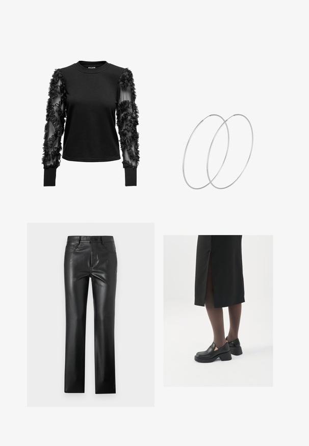 Svart långärmad topp med en mjuk, figurnära kropp och genomskinliga ärmar prydda med tygvolanger, vilket skapar en texturerad detalj nära ärmsluten.; Svarta läderbyxor med rak bendesign, med framfickor, knäppning och en slät, glänsande yta.; Svarta läderskor med rund tå, tjock klack utan häl och elastiska sidodetaljer, kombinerat med mörka strumpbyxor och en svart kjol med slits.; Silverfärgade hoopörhängen med en minimalistisk design. Cirkulär form, slät yta och tunn profil. Lätta med en polerad finish.
