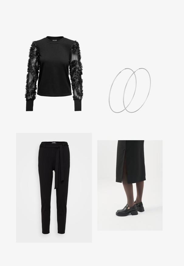 Čierny top s dlhým rukávom s mäkkým, priliehavým telom a priehľadnými rukávmi zdobenými látkovými volánmi, ktoré vytvárajú textúrovaný akcent pri manžetách.; Čierne zúžené nohavice vyrobené z mäkkej látky, so širokým pásom a látkovým opaskom, a dvoma prednými vreckami. Hladká textúra a minimalistický dizajn.; Čierne kožené topánky s okrúhlou špičkou, silným blokovým opätkom a elastickými bočnými akcentmi, skombinované s tmavými pančuchami a čiernou sukňou so štiepením.; Strieborné kruhové náušnice s minimalistickým dizajnom. Cirkulárny tvar, hladký povrch a tenký profil. Ľahké s lesklým povrchom.