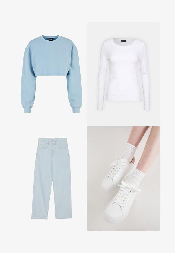 Sudadera cortada de color azul claro, hecha de una tela suave, con mangas largas y un detalle de flor bordado en el pecho.; Top de manga larga blanco con cuello redondo. Fabricado en una tela elástica que se ajusta al cuerpo. Presenta sutiles líneas horizontales.; Jeans de mezclilla de pierna ancha en azul claro, con una cintura de altura media, cinco bolsillos y un cierre de botón con un acabado metálico delgado.; Las zapatillas de cuero blancas presentan una punta redondeada, suela plana y cordones gruesos. Decoradas con un talón rosa claro y combinadas con calcetines blancos de canalé.