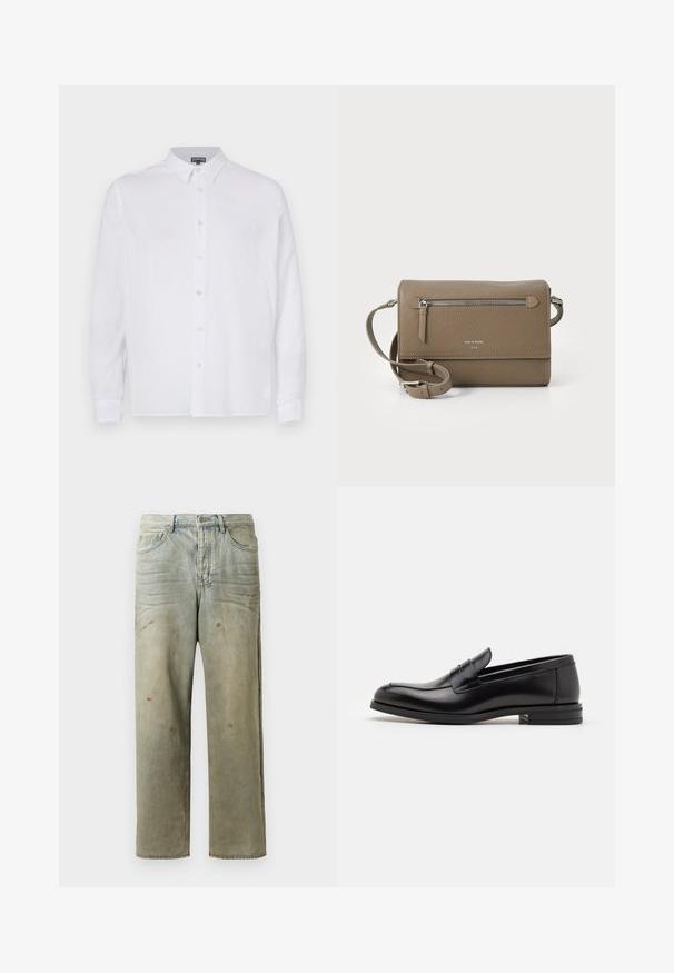 Sudadera negra de manga larga con el texto del logo dorado "Just Cavalli" en el pecho, con puños y dobladillo acanalados.; Camisa blanca de manga larga abotonada en tejido de lino con cuello, que presenta un corte recto y botones visibles en el frente.; Jeans de mezclilla desgastados en verde claro, con corte recto, diseño de cinco bolsillos y decoloración desigual con manchas de pintura.; Mocasines de cuero negro con una textura suave, puntera redondeada y una tira decorativa en el empeine. Tacón bajo apilado, diseño minimalista.; Bolso cruzado de cuero topo con un bolsillo frontal con cremallera, correa ajustable, textura de grano y logotipo en relieve en la parte delantera.