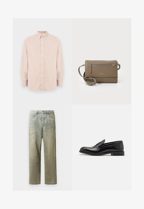 Felpa nera a manica lunga con il testo del logo dorato "Just Cavalli" sul petto, caratterizzata da polsini e fondo a coste.; Camicia button-up rosa chiaro con maniche lunghe, colletto e bottoni bianchi. Realizzata in tessuto morbido con una vestibilità regolare.; Jeans in denim strappato di colore verde chiaro, con gamba dritta, design a cinque tasche, sbiaditure irregolari e schizzi di vernice.; Mocassini neri in pelle con una texture liscia, punta arrotondata e una striscia decorativa sulla tomaia. Tacco basso impilato, design minimalista.; Borsa a tracolla in pelle taupe con tasca anteriore con cerniera, tracolla regolabile, texture a granuli e logo embossato sulla parte anteriore.