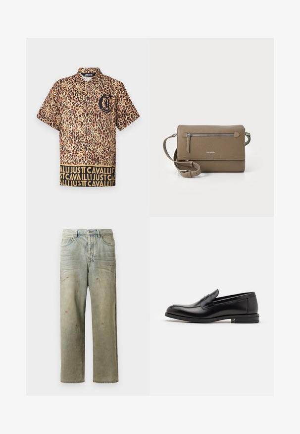 Sudadera negra de manga larga con el texto del logo dorado "Just Cavalli" en el pecho, con puños y dobladillo acanalados.; Camisa de manga corta con un patrón de estampado de leopardo, logo negro en el pecho y una cinturilla contrastante con texto repetido en dorado.; Jeans de mezclilla desgastados en verde claro, con corte recto, diseño de cinco bolsillos y decoloración desigual con manchas de pintura.; Mocasines de cuero negro con una textura suave, puntera redondeada y una tira decorativa en el empeine. Tacón bajo apilado, diseño minimalista.; Bolso cruzado de cuero topo con un bolsillo frontal con cremallera, correa ajustable, textura de grano y logotipo en relieve en la parte delantera.