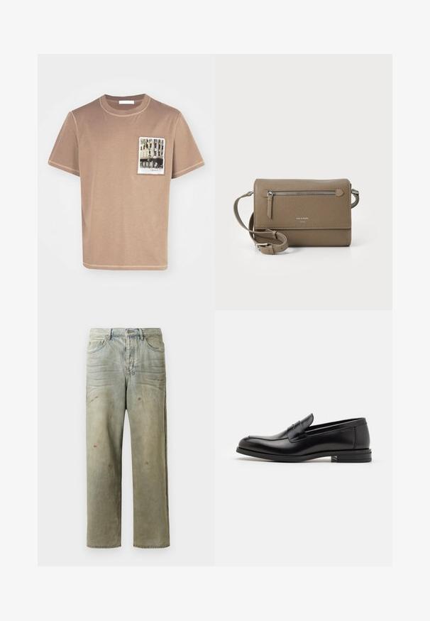 Hanorac negru cu mânecă lungă, având un text cu logo-ul „Just Cavalli” de culoare aurie pe piept, cu manșete și tiv din țesătură cu nervuri.; Tricou din bumbac maro, cu guler rotund, mâneci scurte și un buzunar frontal care prezintă o imagine imprimată a unei clădiri.; Jeans din denim uzat, de culoare verde deschis, cu un croi drept, design cu cinci buzunare, și decolorare inegală cu stropi de vopsea.; Mocasini din piele neagră cu o textură netedă, vârf rotund și o curea decorativă peste partea superioară. Toc mic, design minimalist.; Geantă de umăr din piele taupe, cu un buzunar frontal cu fermoar, curea ajustabilă, textură de piatră și logo embosat pe față.