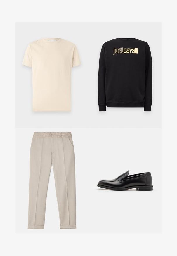 Schwarzer Sweatshirt mit langen Ärmeln und goldener "Just Cavalli" Logo-Schriftzug über der Brust, mit gerippten Bündchen und Saum.; Beige Baumwoll-T-Shirt mit Rundhalsausschnitt und kurzen Ärmeln. Glatte Textur ohne Muster oder Grafiken. Einfaches, klassisches Design.; Filippa K TERRY CROPPED TROUSERS - Stoffhose - sage melange; Schwarze Lederloafers mit glatter Textur, rundem Zehenbereich und einem dekorativen Riemen über dem Vorderfuß. Niedriger, gestapelter Absatz, minimalistisches Design.