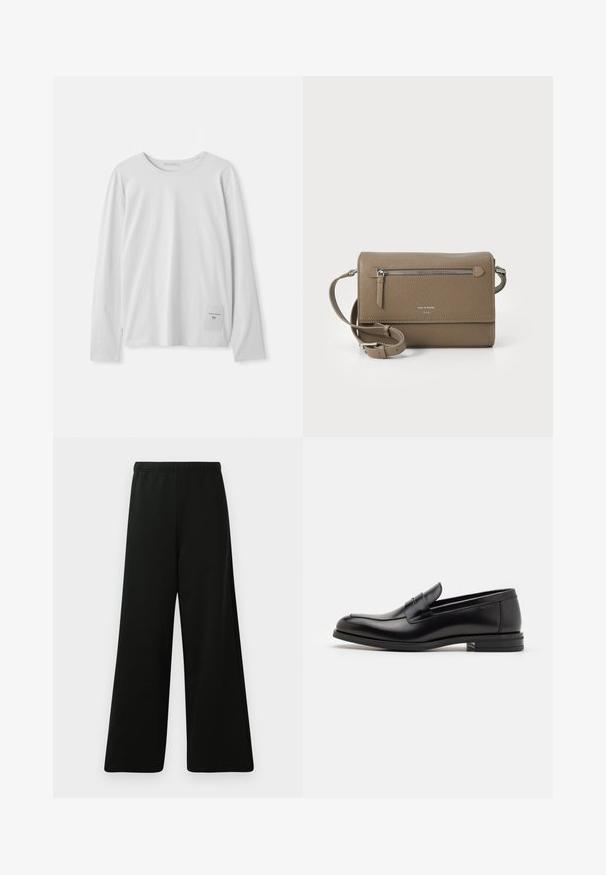 Zwarte sweatshirt met lange mouwen en gouden "Just Cavalli" logo tekst op de borst, met ribgebreide manchetten en zoom.; Witte langemouwen T-shirt van zachte katoen. Heeft een ronde halslijn en een klein merklabel aan de onderzijde links.; Zwarte wijde broek gemaakt van zachte stof. Kenmerkt zich door een elastische tailleband, een gladde textuur en een eenvoudig, modern ontwerp zonder patronen.; Zwarte leren instappers met een gladde textuur, ronde neus en een decoratieve band over de wreef. Lage, gestapelde hak en minimalistisch ontwerp.; Taupe leren schoudertas met een ritsvak aan de voorkant, verstelbare band, geribbeld textuur en een verdiept logo aan de voorkant.