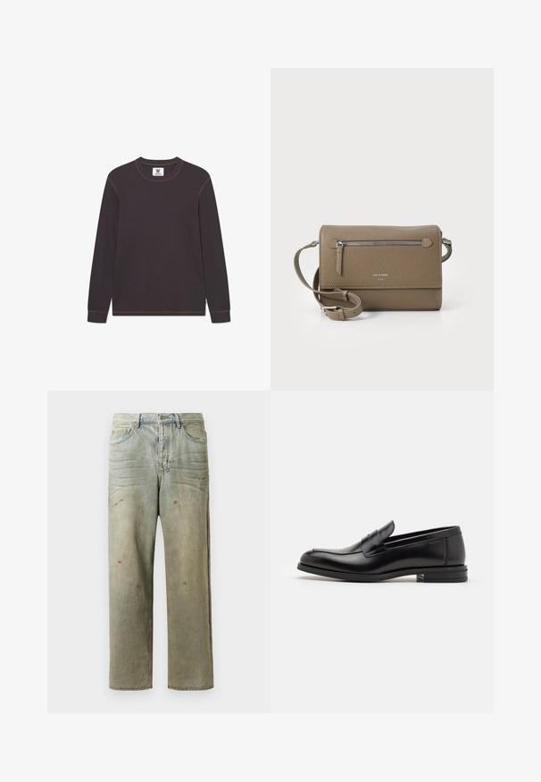 Melna garo piedurkņu sporta krekls ar zelta "Just Cavalli" logotipa tekstu krūtīs, ar ribotām piedurknēm un apakšmalu.; Tumši brūns garām piedurknēm termiskais krekls ar apaļu kakla izgriezumu un kontrastējošām gaiši brūnām šuvēm, izlikts plakani uz balta fona.; Izsistās džinsās gaisā zaļā krāsā, ar taisnu kāju, piecu kabatu dizainu un nevienmērīgu izbalēšanu, kā arī krāsas šļakatas.; Melnas ādas kurpes ar gludu tekstūru, noapaļu purngalu un dekoratīvu siksniņu pāri priekšpusei. Zems sakrauts papēdis, minimālisma dizains.; Taupe krāsas ādas pleca soma ar rāvējslēdzēja priekšējo kabatu, regulējamu siksnu, akmens tekstūru un iegravētu logo priekšpusē.