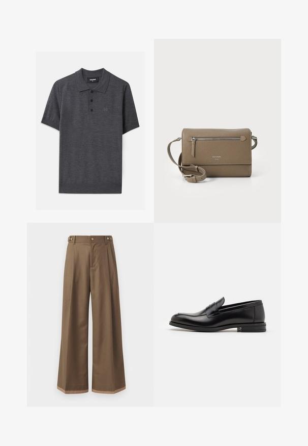 Zwarte sweatshirt met lange mouwen en gouden "Just Cavalli" logo tekst op de borst, met ribgebreide manchetten en zoom.; Donkergrijze polo gemaakt van een gladde stof, met een drieknoopsluiting, korte mouwen en een subtiele reliëflogo op de borst.; Wijdvallende broek in een donkerbruine stof, met twee zijzakken, twee decoratieve knopen aan de voorkant en een contrasterende zoomdetail.; Zwarte leren instappers met een gladde textuur, ronde neus en een decoratieve band over de wreef. Lage, gestapelde hak en minimalistisch ontwerp.; Taupe leren schoudertas met een ritsvak aan de voorkant, verstelbare band, geribbeld textuur en een verdiept logo aan de voorkant.