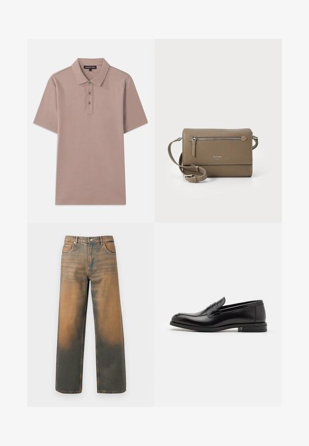 Sudadera negra de manga larga con el texto del logo dorado "Just Cavalli" en el pecho, con puños y dobladillo acanalados.; Camisa polo de tela marrón claro con mangas cortas, tapeta de tres botones y logotipo bordado "MK" en el pecho. Textura suave.; Jeans de pierna ancha en denim azul y marrón desgastado. Presentan una cinturilla alta, bolsillos delanteros y un cierre de botón clásico con acentos metálicos.; Mocasines de cuero negro con una textura suave, puntera redondeada y una tira decorativa en el empeine. Tacón bajo apilado, diseño minimalista.; Bolso cruzado de cuero topo con un bolsillo frontal con cremallera, correa ajustable, textura de grano y logotipo en relieve en la parte delantera.