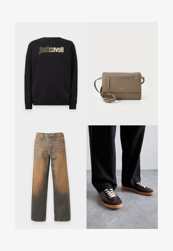 Black long-sleeve sweatshirt with gold "Just cavalli" logo text across the chest, featuring ribbed cuffs and hem.; Wide-leg jeans in distressed blue and brown denim. Features a high waist, front pockets, and a classic button closure with metallic accents.; Dark brown suede sneakers with cream laces, white accents, and a tan rubber sole. Worn with black pinstriped pants.; Taupe leather crossbody bag with a zippered front pocket, adjustable strap, pebble texture, and embossed logo on the front.