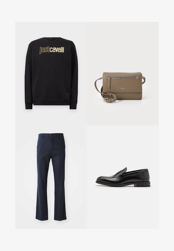 Czarny długi rękaw bluzy z nadrukiem na piersi w kolorze złotym "Just Cavalli", z prążkowanymi mankietami i dołem.; Granatowe, rozszerzane spodnie wykonane z lekkiego materiału, z pojedynczym zapięciem na guzik i przednimi kieszeniami, charakteryzujące się gładką teksturą.; Czarne skórzane mokasyny o gładkiej fakturze, zaokrąglonym nosku i dekoracyjnym pasku na przodzie. Niski, warstwowy obcas, minimalistyczny design.; Taupe skórzana torebka na ramię z zamkiem błyskawicznym z przodu, regulowanym paskiem, teksturą przypominającą drobne kamyki oraz wytłoczonym logo z przodu.