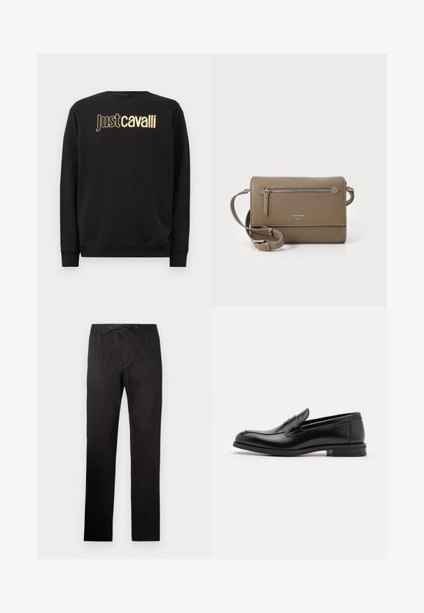 Juodas ilgomis rankovėmis džemperis su auksiniu "Just Cavalli" logotipu per krūtinę, su gumuotais rankogaliais ir apačia.; Juodos kelnės su elastinga juosmens juosta ir raišteliu. Turi lygų paviršių ir tiesaus pajudėjimo dizainą. Minimalistinio stiliaus, be raštų.; Juodos odinės loafers, turinčios lygų paviršių, apvalią noselę ir dekoratyvinę juostą per priekinę dalį. Žemas krentantis kulnas, minimalistinis dizainas.; Kakavinės odos per petį maišas su užtrauktuku priekinėje kišenėje, reguliuojama dirželiu, akmens tekstūra ir iškilniu logotipu priekyje.