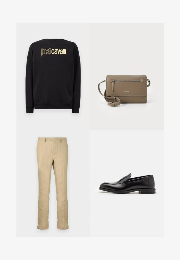 Sort langærmet sweatshirt med gul "Just Cavalli" logo tekst på tværs af brystet, med ribbet manchetter og kant.; Beige linnedragt, lige ben design, letvægtsstof med subtil tekstur, med en standard talje og uden synlige mønstre.; Sorte læderloafers med en glat overflade, rund tå og en dekorativ strop over vampen. Lav hæl med stabeldesign, minimalistisk stil.; Taupe læder crossover taske med en lynlåslomme foran, justerbar skulderrem, pebble tekstur og præget logo på forsiden.
