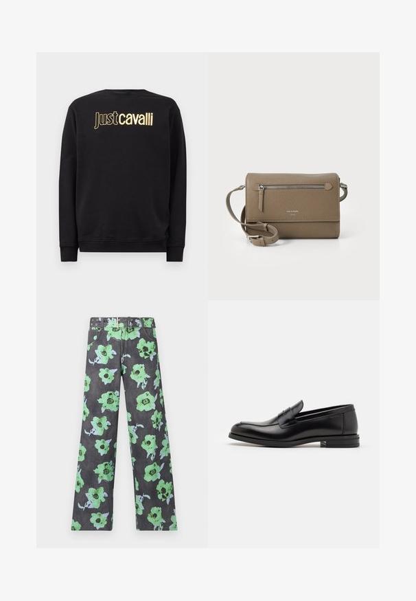 Juodas ilgomis rankovėmis džemperis su auksiniu "Just Cavalli" logotipu per krūtinę, su gumuotais rankogaliais ir apačia.; Tamsiai pilkos gėlėmis išpaišytos kelnės su didelėmis žalios ir mėlynos spalvos gėlėmis. Pridedamas suderintas diržas su daugybe kniedžių ir skylučių.; Juodos odinės loafers, turinčios lygų paviršių, apvalią noselę ir dekoratyvinę juostą per priekinę dalį. Žemas krentantis kulnas, minimalistinis dizainas.; Kakavinės odos per petį maišas su užtrauktuku priekinėje kišenėje, reguliuojama dirželiu, akmens tekstūra ir iškilniu logotipu priekyje.