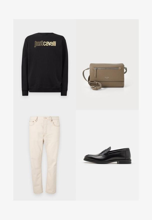 Black long-sleeve sweatshirt with gold "Just cavalli" logo text across the chest, featuring ribbed cuffs and hem.; Beige denim jeans with a straight-leg cut, featuring five pockets, contrasting stitching, and a button closure at the waistband.; Black leather loafers with a smooth texture, rounded toe, and a decorative strap across the vamp. Low stacked heel, minimalist design.; Taupe leather crossbody bag with a zippered front pocket, adjustable strap, pebble texture, and embossed logo on the front.