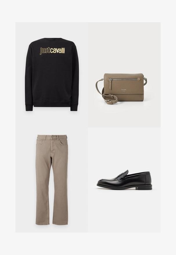 Musthave musta pikkade varrukatega särk, millel on kuldne "Just Cavalli" logo tekst rinnal, ning ribidega mansetid ja ääred.; Beešid, sirgete jalgadega teksapüksid, mis on valmistatud puuvillast kangast. Neil on viis taskut, nööp ja lukuga sulgemine ning nähtavad õmblused õmblustes.; Mustad mustad nahast loafers sileda tekstuuriga, ümarat ninaosa ja dekoratiivne riba vampi üle. Madal kihiline konts, minimalistlik disain.; Kohvase naha ületõmmatav kott, millel on lukuga esikott, reguleeritav rihm, kivitextuur ja esiküljel embosseeritud logo.