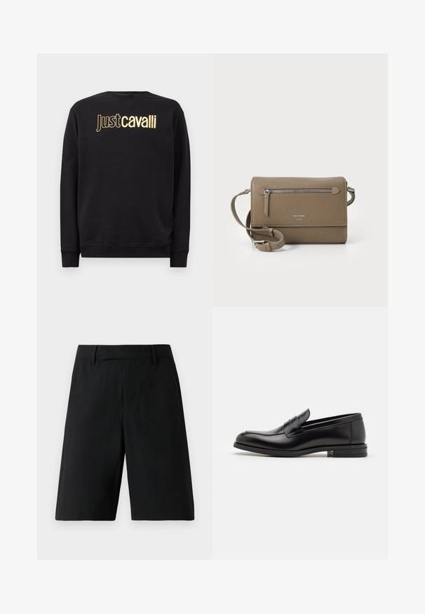 Schwarzer Sweatshirt mit langen Ärmeln und goldener "Just Cavalli" Logo-Schriftzug über der Brust, mit gerippten Bündchen und Saum.; Schwarze maßgeschneiderte Shorts in knielanger Länge mit Gürtelschlaufen, flachem Vorderteil und seitlichen Taschen vor einem einfarbigen hellen Hintergrund.; Schwarze Lederloafers mit glatter Textur, rundem Zehenbereich und einem dekorativen Riemen über dem Vorderfuß. Niedriger, gestapelter Absatz, minimalistisches Design.; Taupe Leder Umhängetasche mit einem Reißverschluss-Frontfach, verstellbarem Schulterriemen, Strukturleder und geprägt Logo auf der Vorderseite.